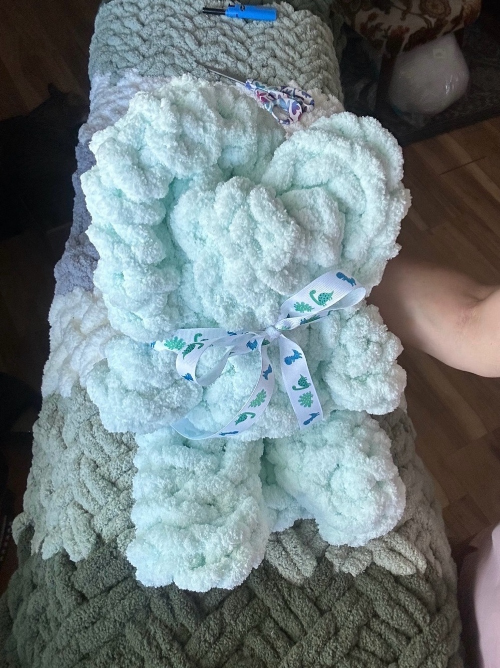 Hand Crafted Plush Light Mint Throw with Decorative Ribbon